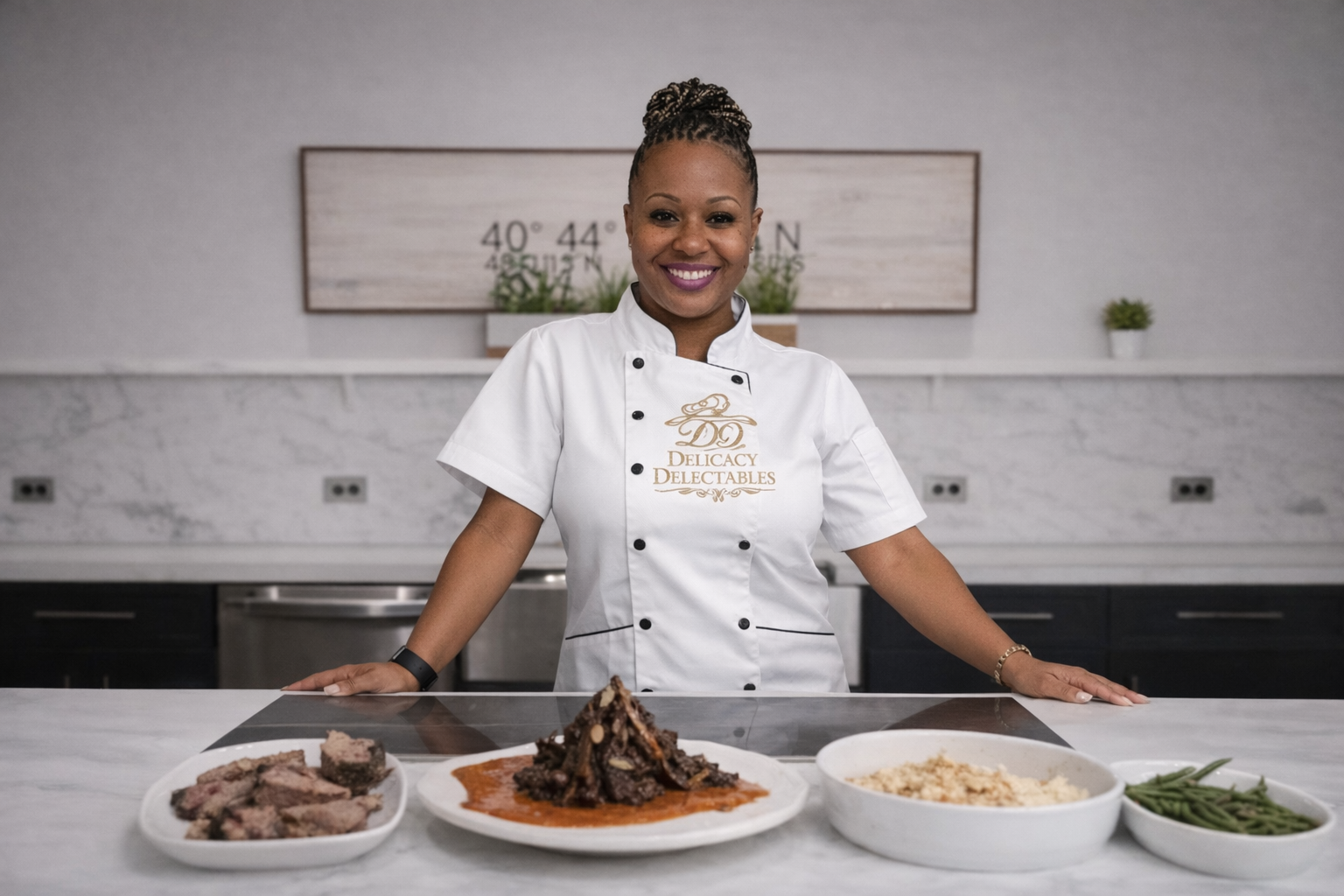 A woman in a white chef coat with the logo 'Delicacy Delectables' standing behind a kitchen counter with various dishes, including a plate of cooked meat, a plate of ribs with sauce and almonds, a bowl of mashed potatoes, and a dish of green beans.