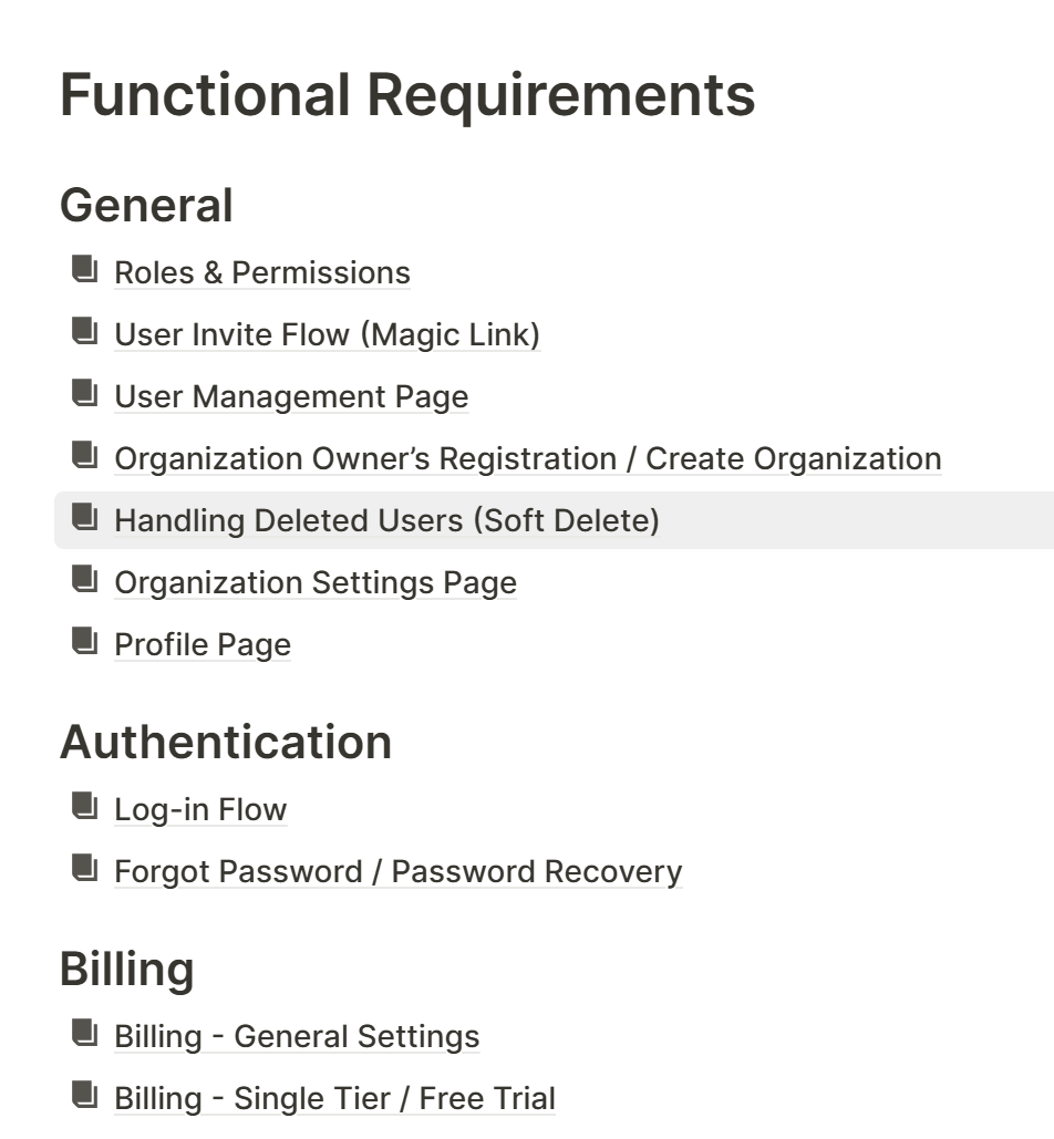Screenshot of a document titled 'Functional Requirements' with sections for General, Authentication, and Billing, listing various related links and options.