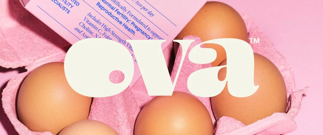 Six brown eggs in a pink egg carton on a pink background, with a pink partial packaging and a large 'ova' logo overlayed.