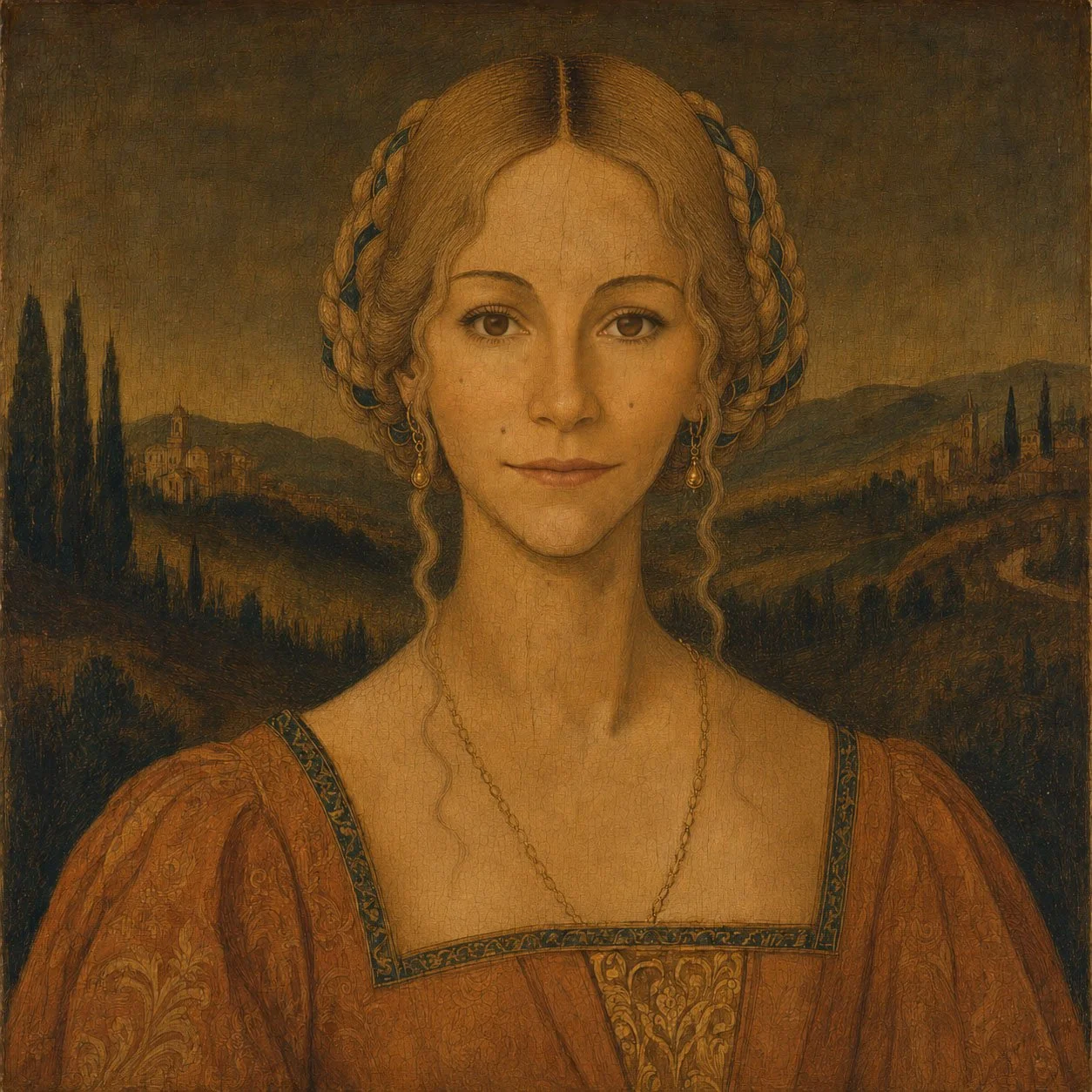 A portrait painting of a woman with light skin, curly dark hair, and blue eyes, wearing a dark outfit with a patterned collar.