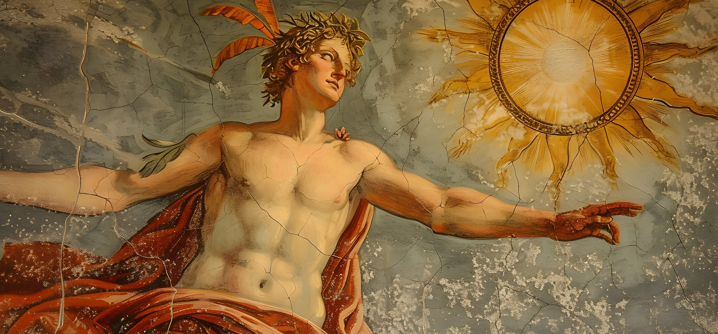 Painting of Jesus Christ with arms outstretched, surrounded by a cracked surface, with a radiant sun in the background.