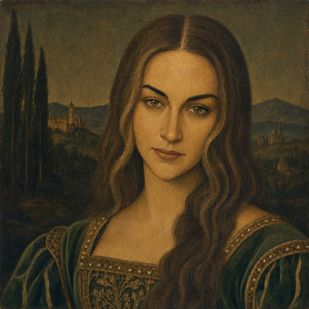 A painting of a woman with a dark blue turban, wearing a gray top with a brooch, and a brown shawl draped over her shoulders.