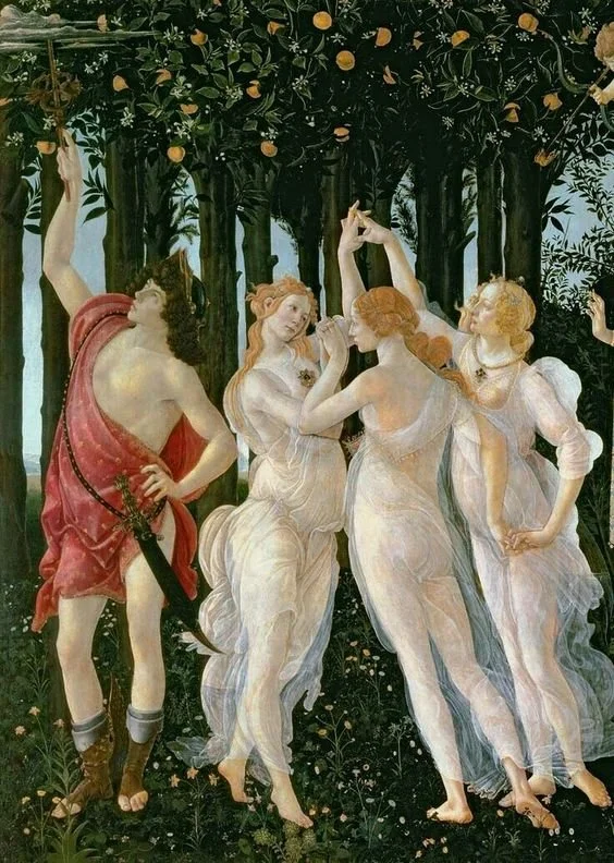 Four women with flowing white dresses and one man with a red robe and sword standing among trees in a lush, green forest, reminiscent of a scene from a myth or legend.