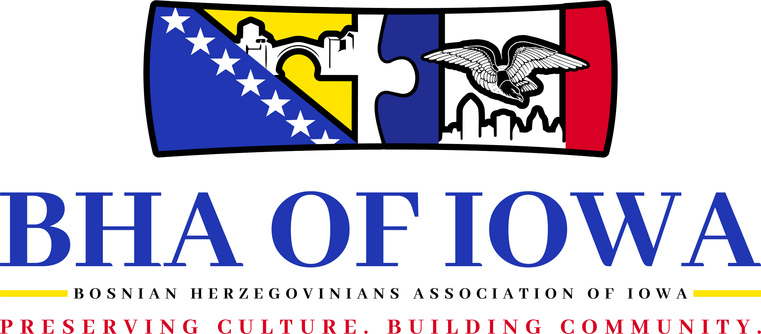Logo of BHA (Bosnian Herzegovinians Association of Iowa) featuring a DSM stylized cityscape, a mountain, an eagle, and the Bosnian flag colors, with text highlighting the organization's mission to preserve culture, build community, and promote unity.