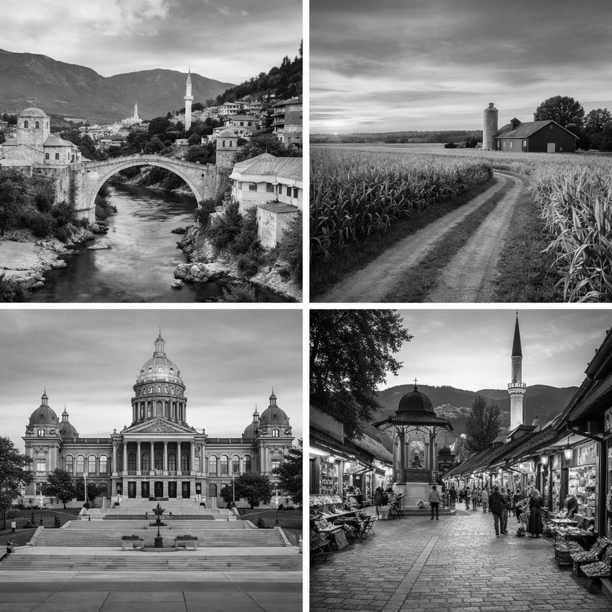 Comparison of two black-and-white images of cityscapes and rural landscapes, showing differences in architecture, landscape, and activity between Iowa and Bosnia