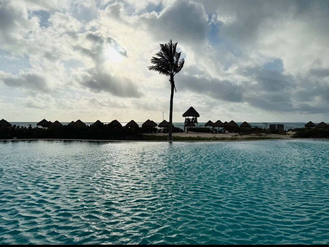 Large pool in the foreground, small sandy strip of land behind the pool, with a single palm tree and multiple palaces, and a peak of ocean in the background