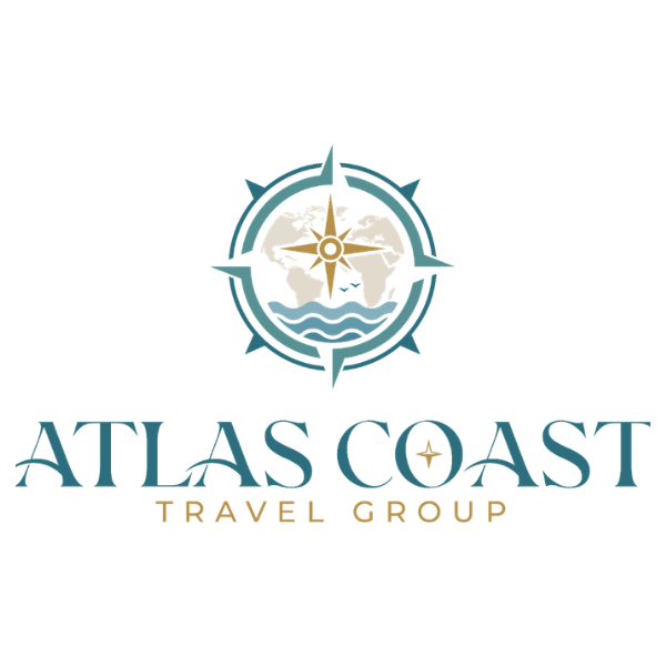 Logo for Atlas Coast Travel Group featuring a compass, a world map, waves, and a star.