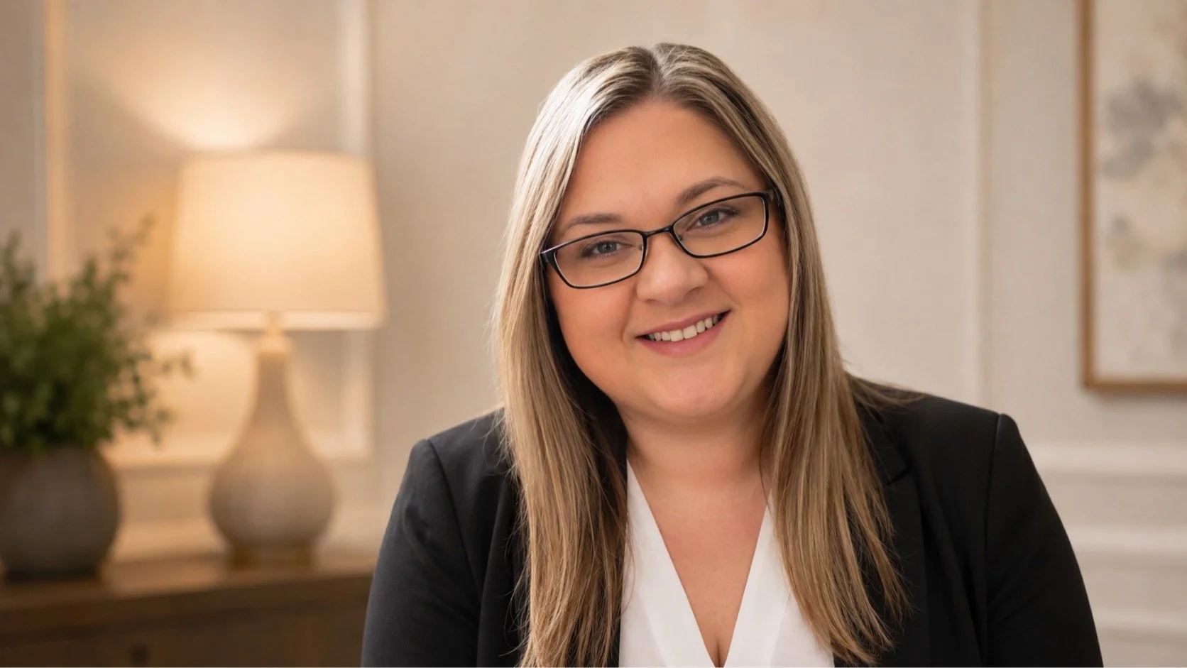 A smiling woman with glasses and long light brown hair in a professional setting, with a table lamp and decorative plant in the background.