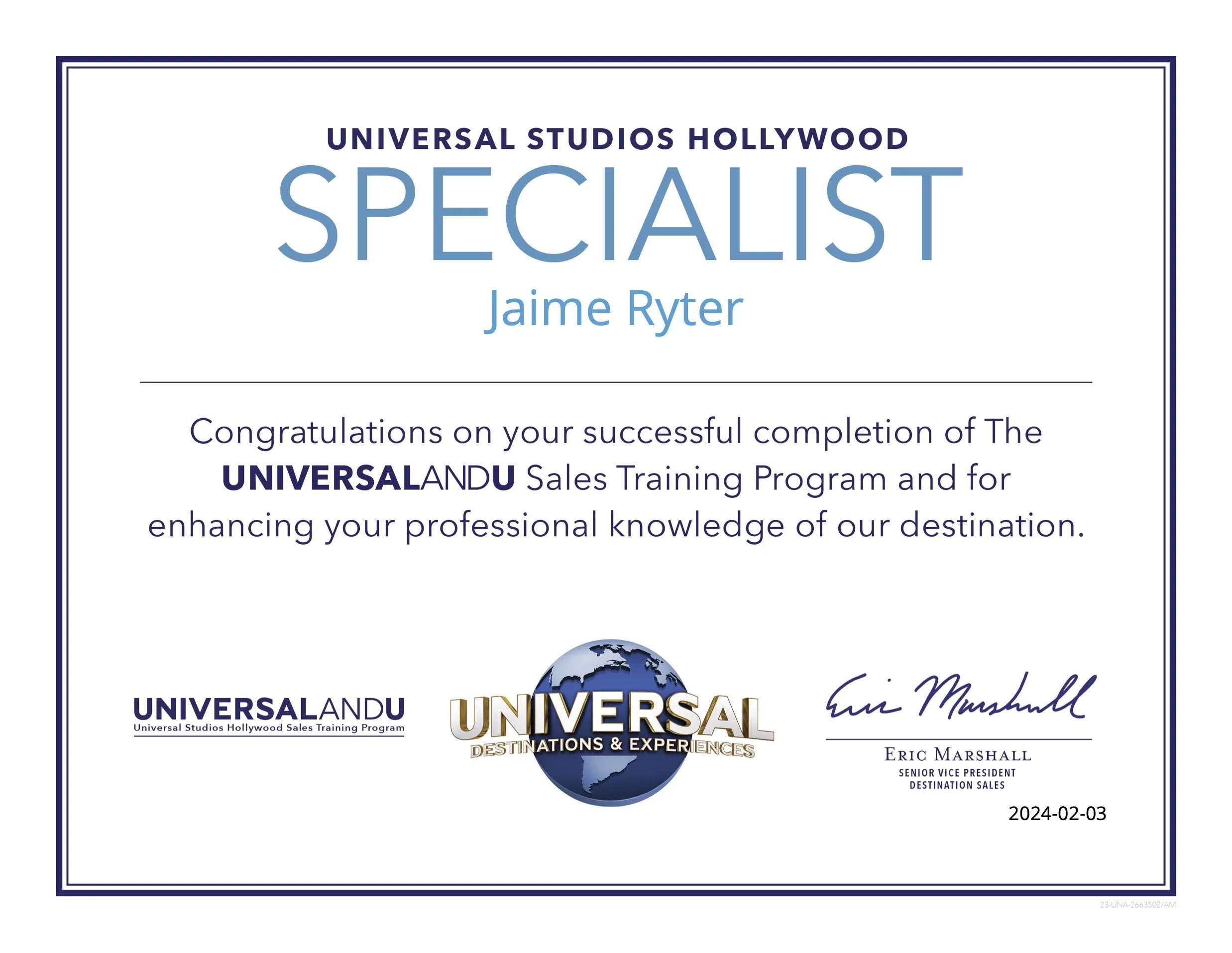 Universal Studios Hollywood Specialist Certificate
