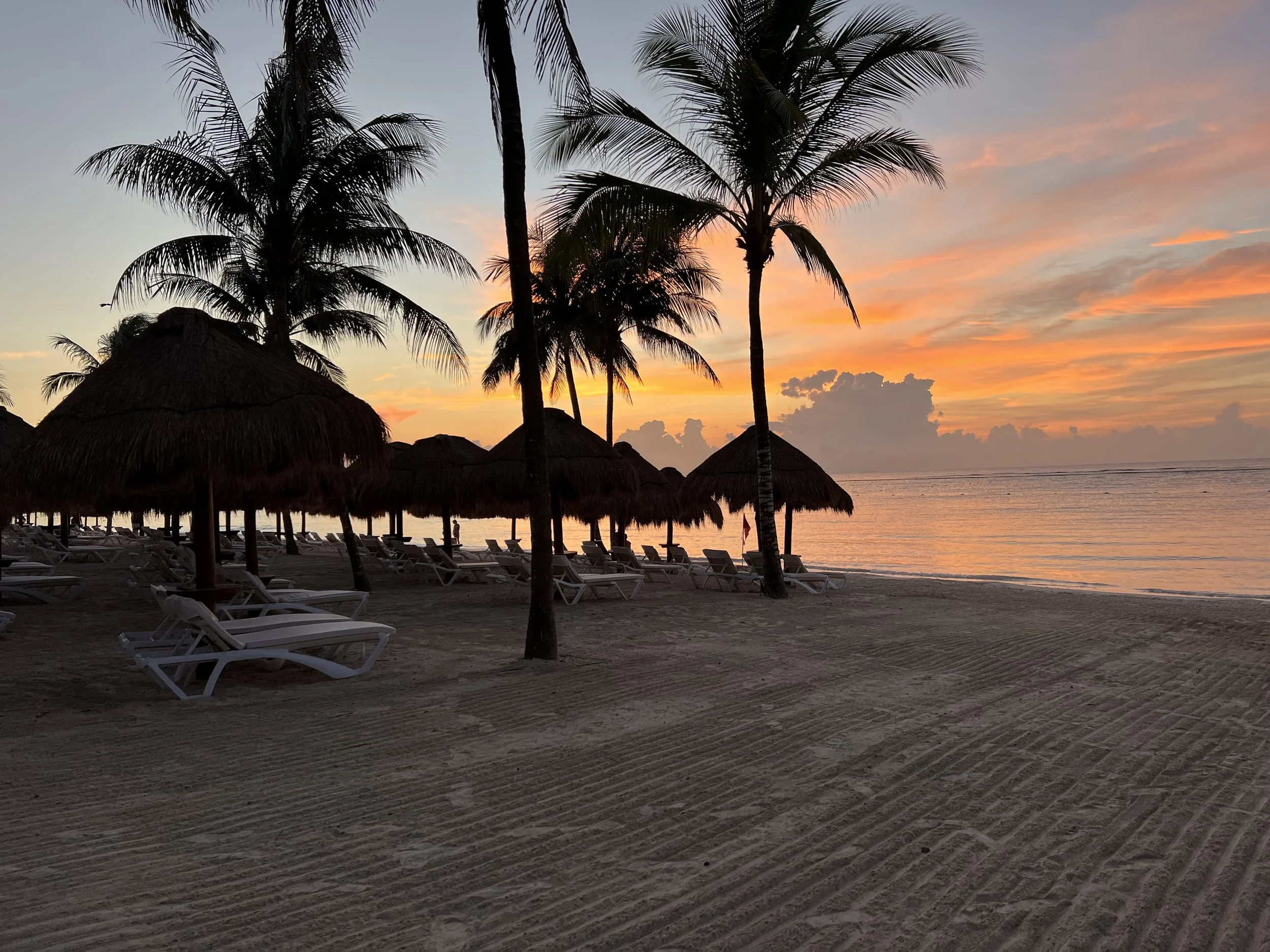 Beach at sunset with palapas and palm trees