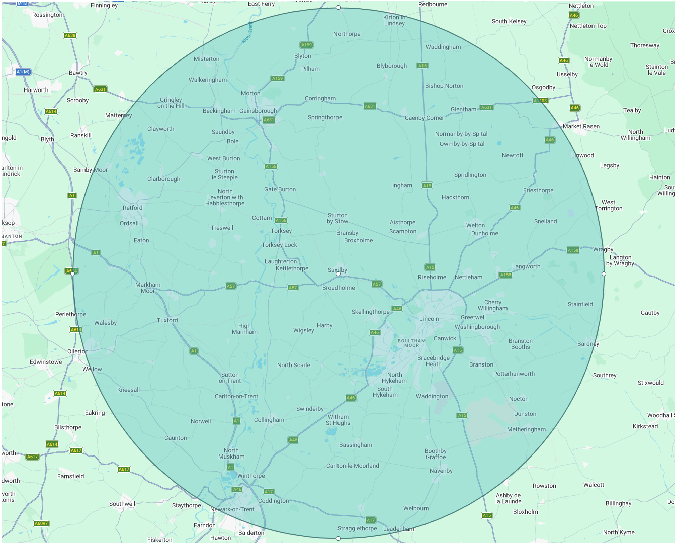 Map showing HomeLinc Vet service area around Lincoln and surrounding villages