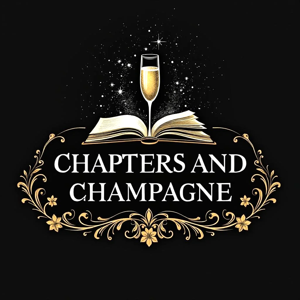 Logo mit einem geöffneten goldenen Buch, aus dessen Mitte ein Champagnerglas aufsteigt. Umrahmt von goldenen, ornamentalen Verzierungen. Darunter steht der Schriftzug "Chapters and Champagne".
