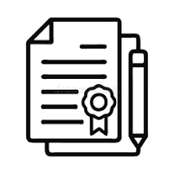 Document with a ribbon or seal and a pen.