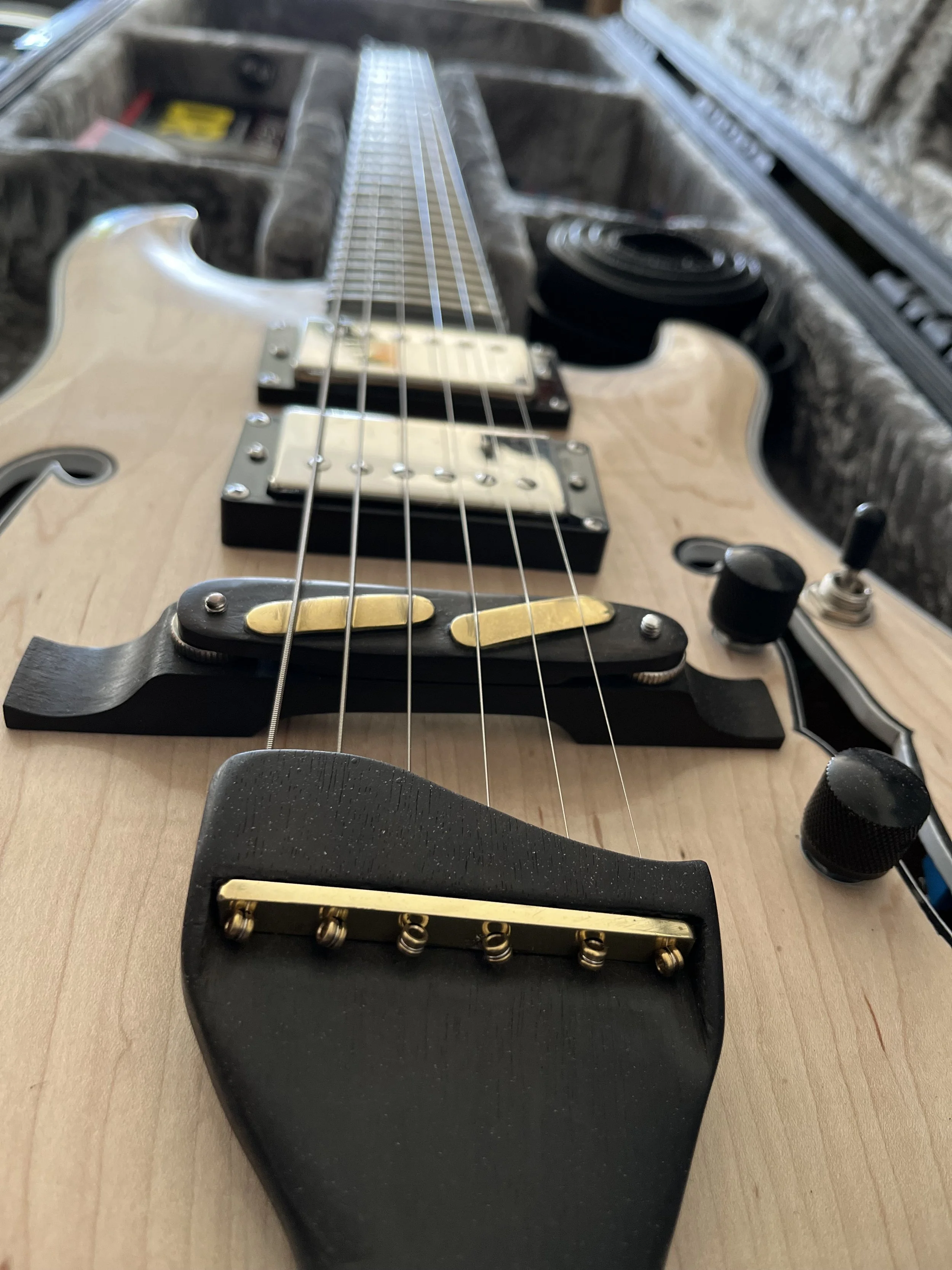 Electric guitar inside a hard shell case, showing the body, strings, pickups, and part of the neck.