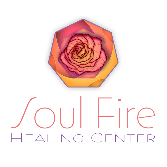 A colorful logo with a rose inside a hexagon above the text 'Soul Fire HEALING CENTER' in multicolored letters.