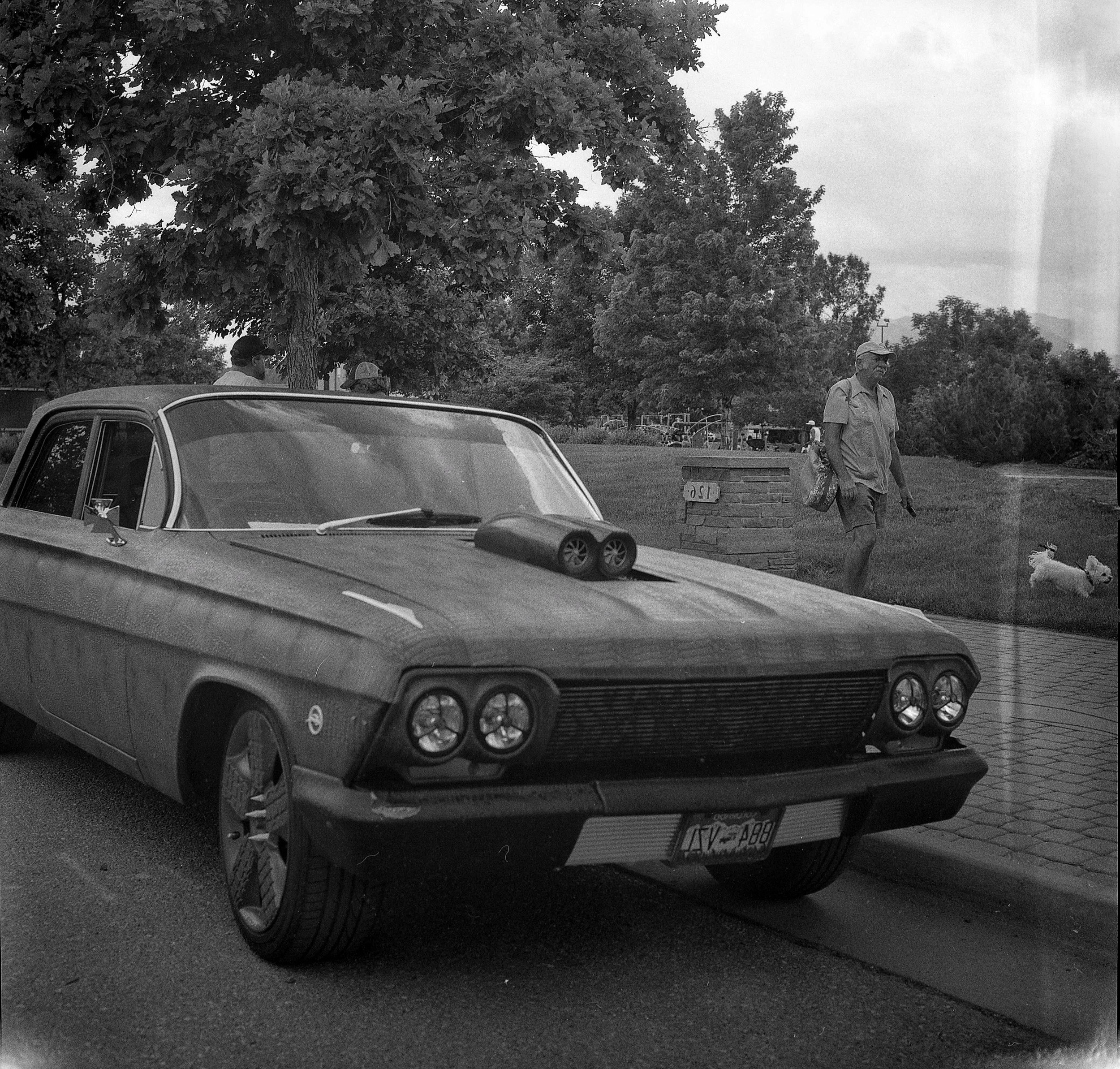 A vintage black and white photograph showing a classic car parked on the street and a person walking a dog in a park-like setting with trees and greenery in the background.