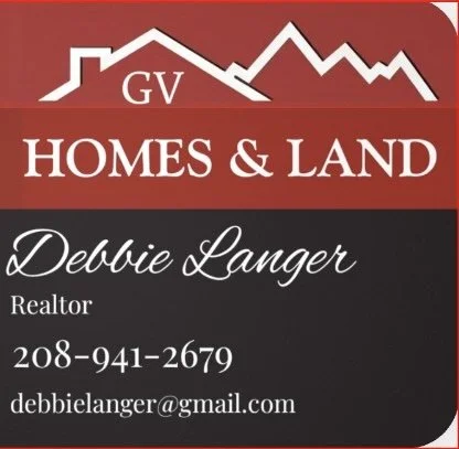 Business card for GV Homes & Land featuring Debbie Langer, Realtor, with phone number 208-941-2679 and email debbielanger@gmail.com, with mountain and house logo at the top.