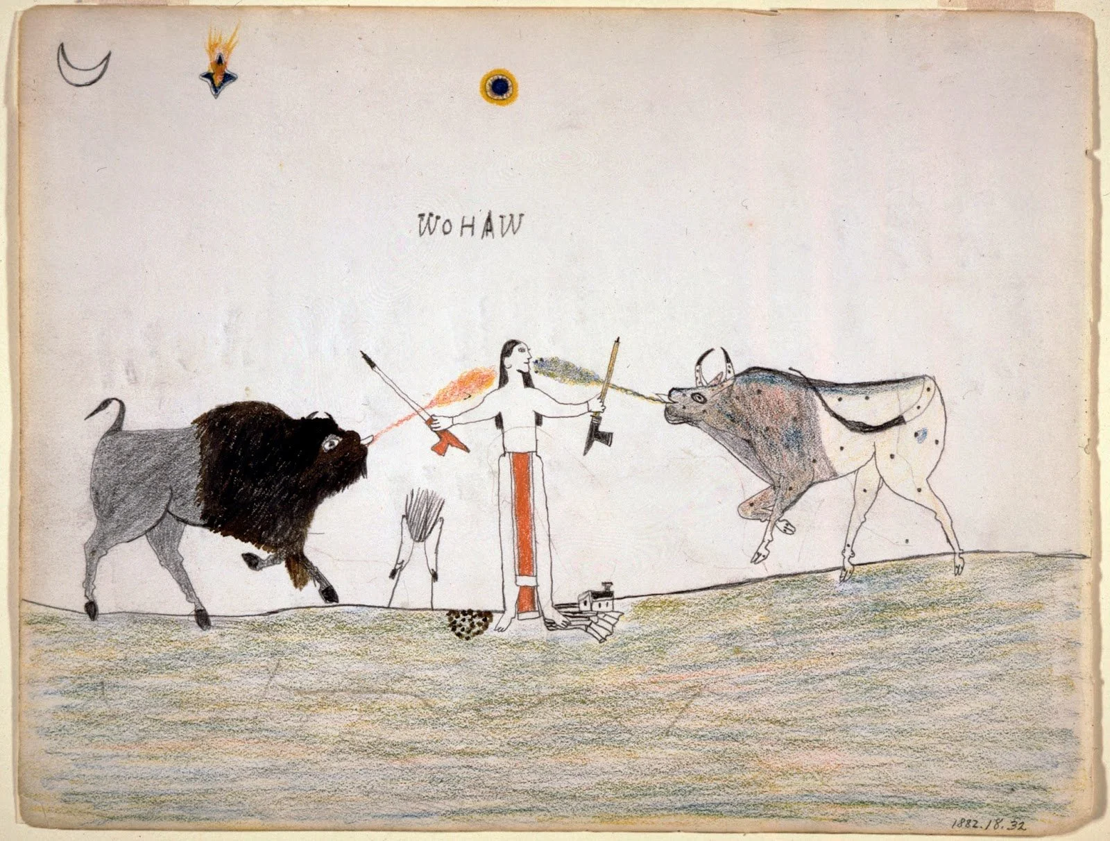 Child's drawing of a battle between a lion and a cow, with a figure in the middle holding a spear and an arrow, labeled "WOHAW", with a moon and a yellow and blue circle at the top.