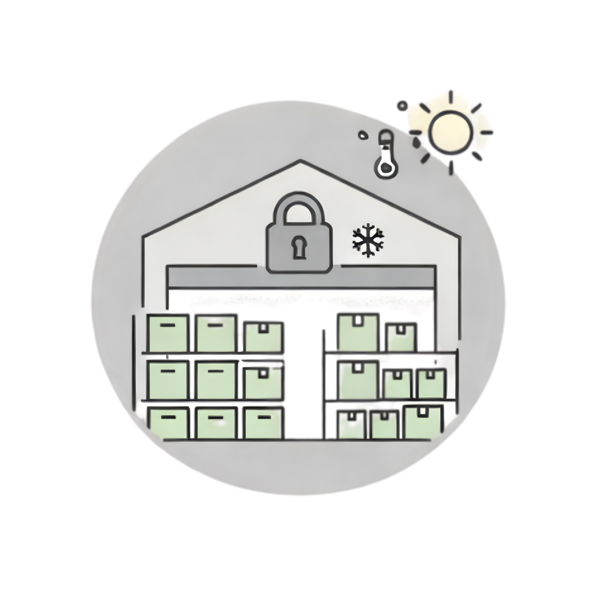 Diagram of a storage facility with boxes, a lock symbol, and icons indicating temperature control and weather protection.