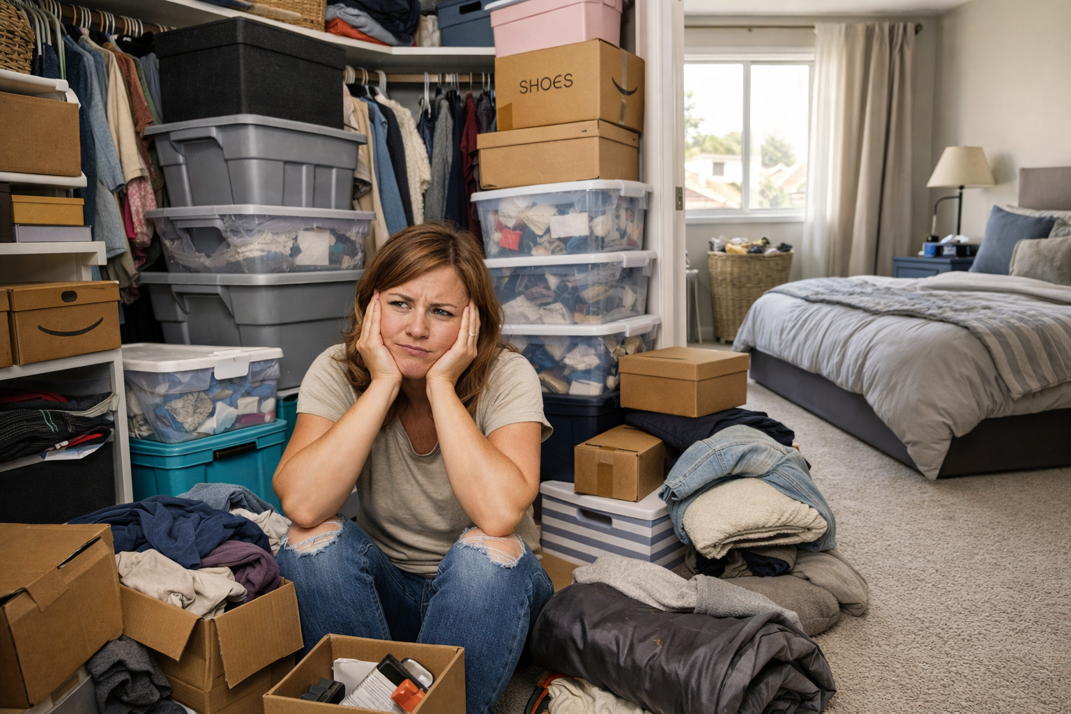 A woman sitting on the floor of a messy bedroom, surrounded by clothes, boxes, and laundry, holding her head with a frustrated expression.