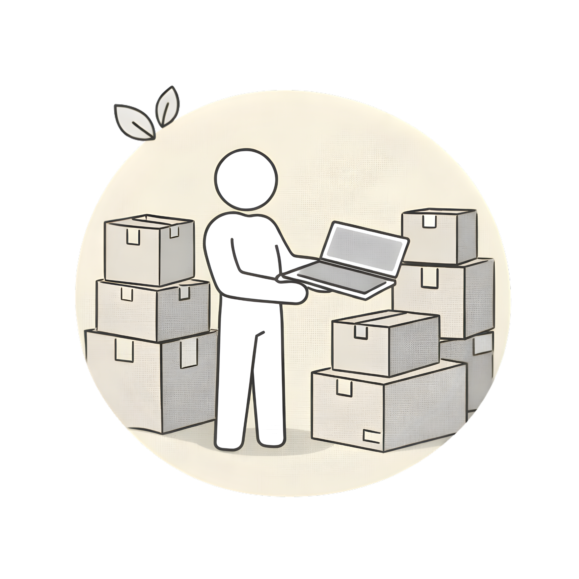 Line drawing of a person holding a laptop, surrounded by stacked boxes, with a small plant on top of some boxes.