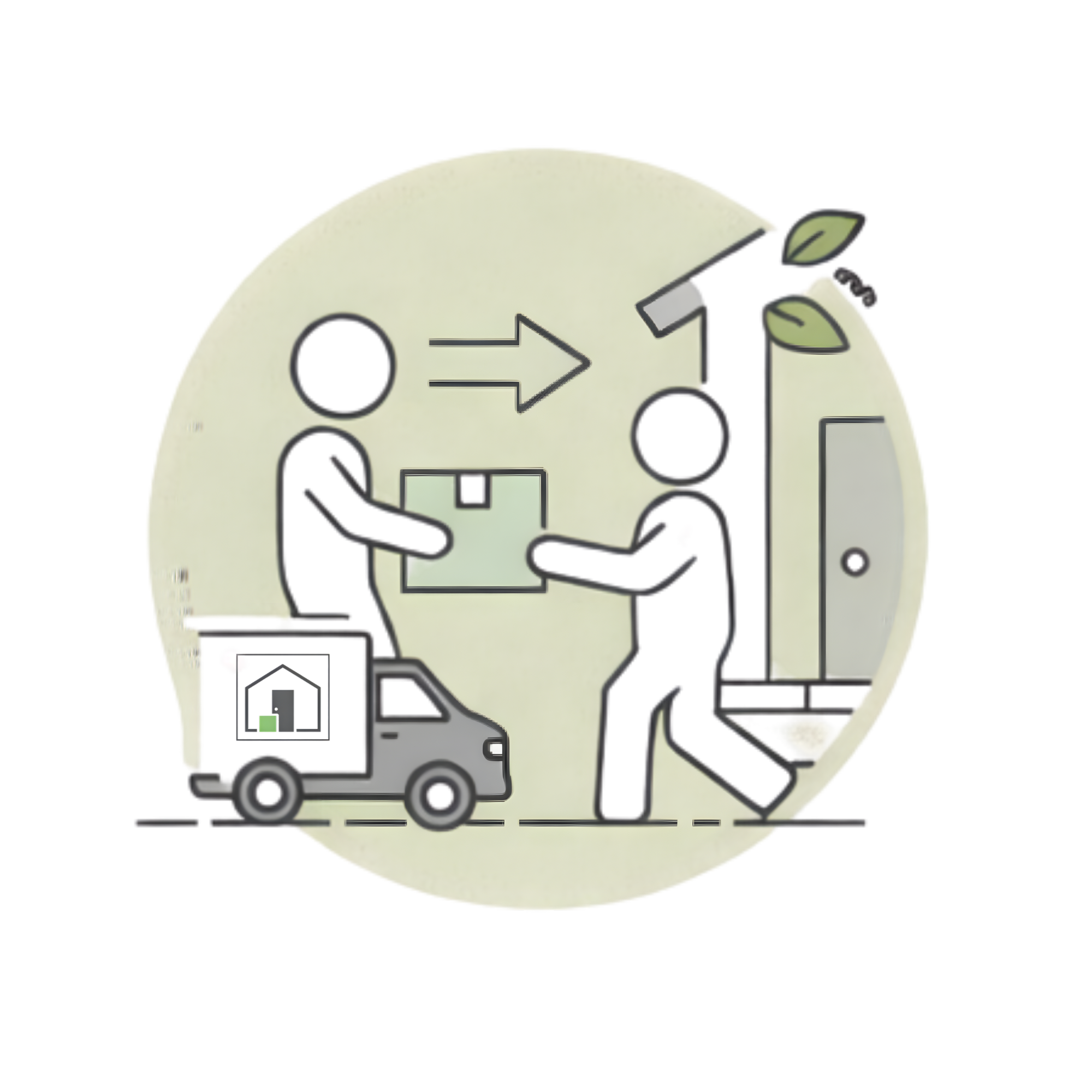 Illustration of two simplified human figures exchanging a box, with a delivery truck nearby, and an arrow indicating movement from one person to the other, with a house and trees in the background.