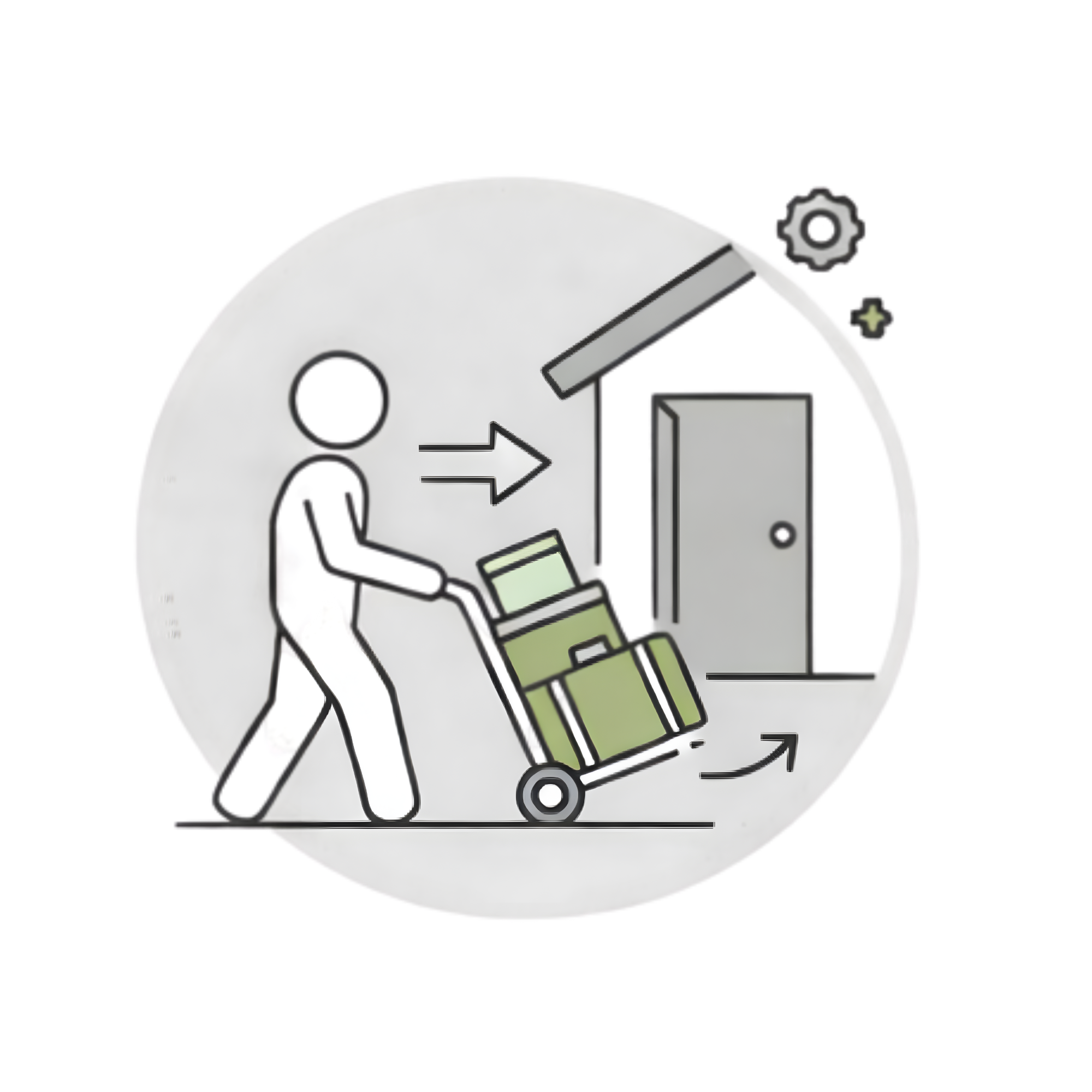 Line drawing of a person pushing a cart loaded with suitcases toward an airplane door, indicating baggage check-in, with a setting sun, clouds, and clouds in background.