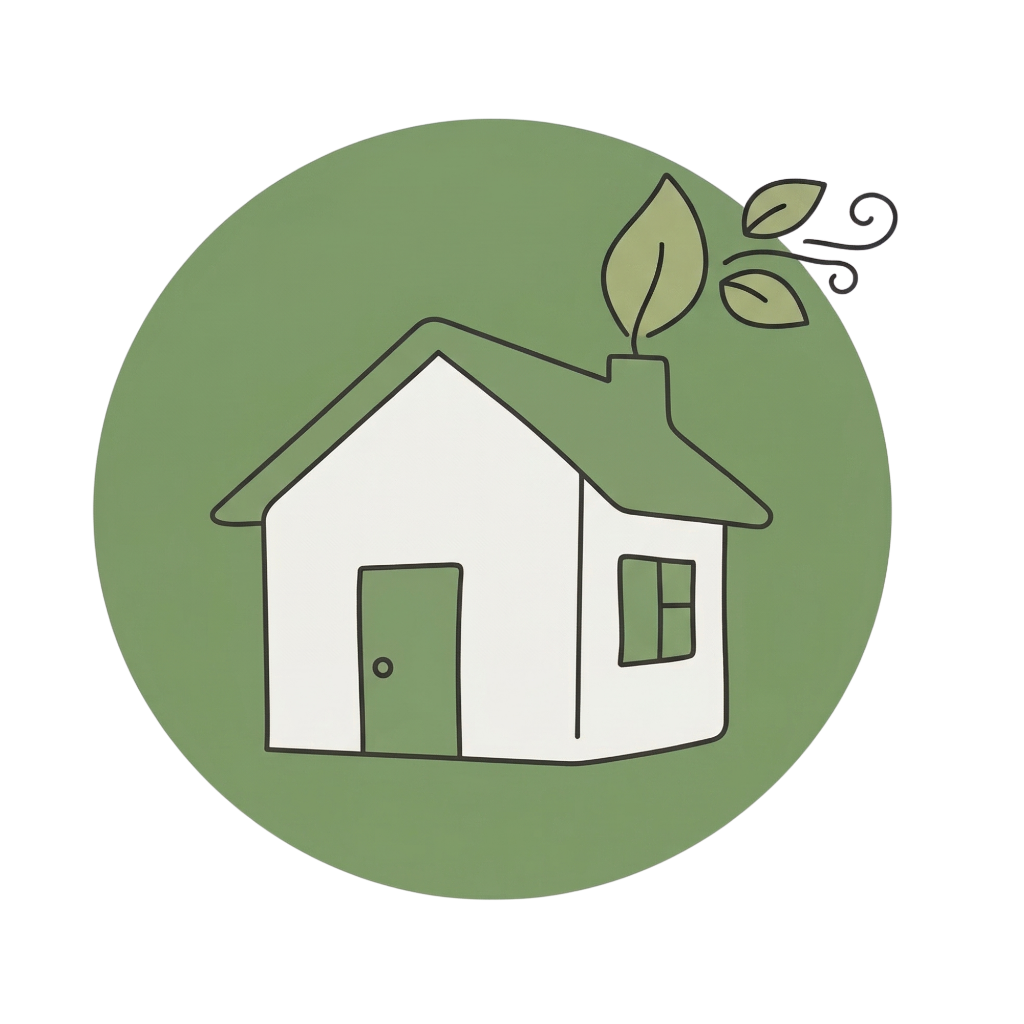 Simple illustration of a house with a chimney and leaves in a green circle background.