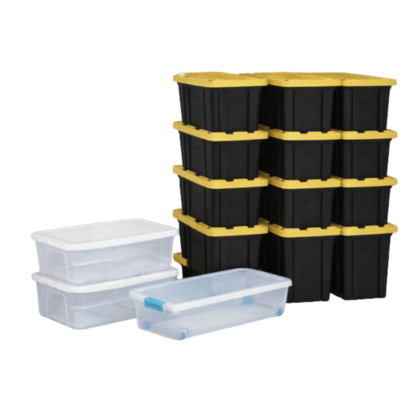 Stacked black storage bins with yellow lids and clear plastic storage containers with blue latch