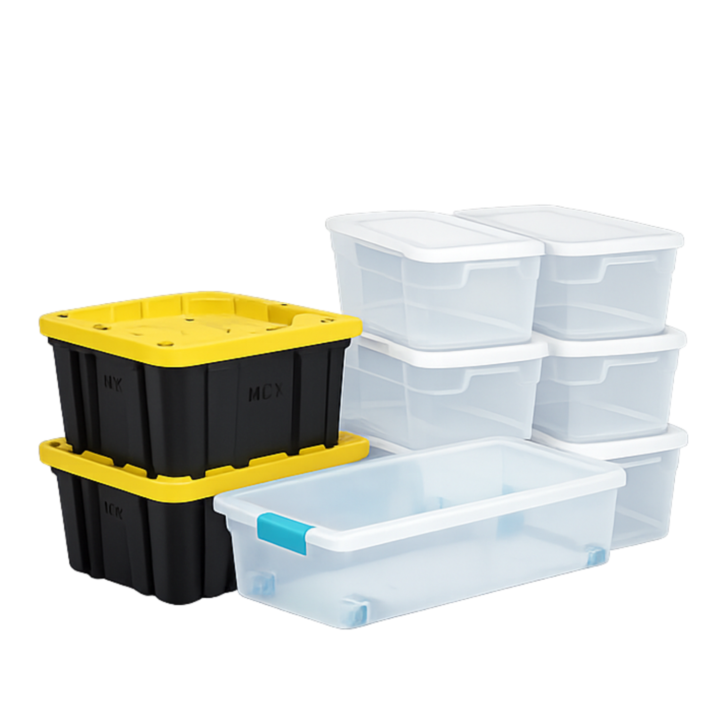 Stacked plastic storage containers, some are transparent with white lids, and a set of black and yellow containers with labeled MCX and UMX.