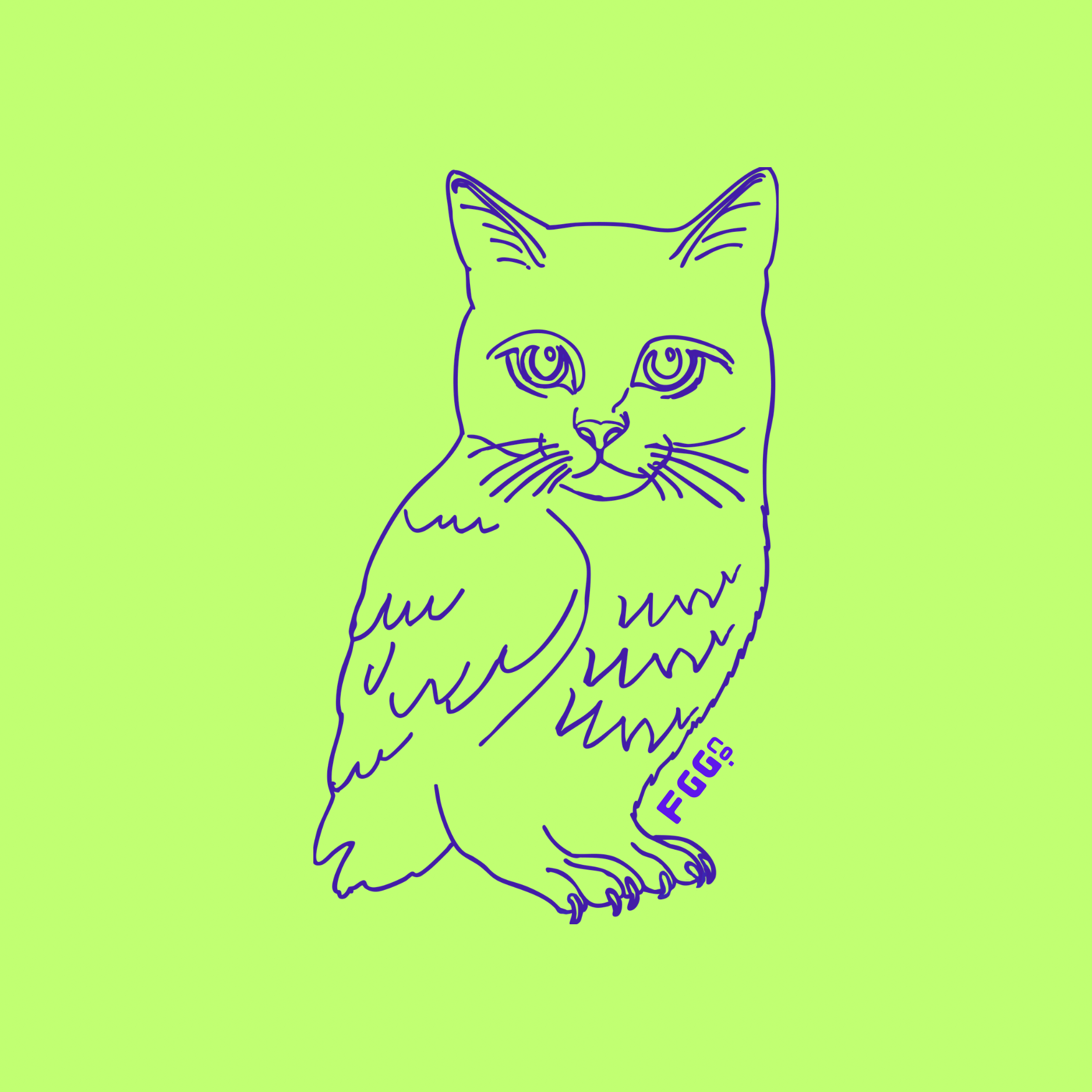 Purple outline drawing of a cat, owl hybrid with large eyes on a light green background, with the business acronym, "FGG Co." on the under belly.