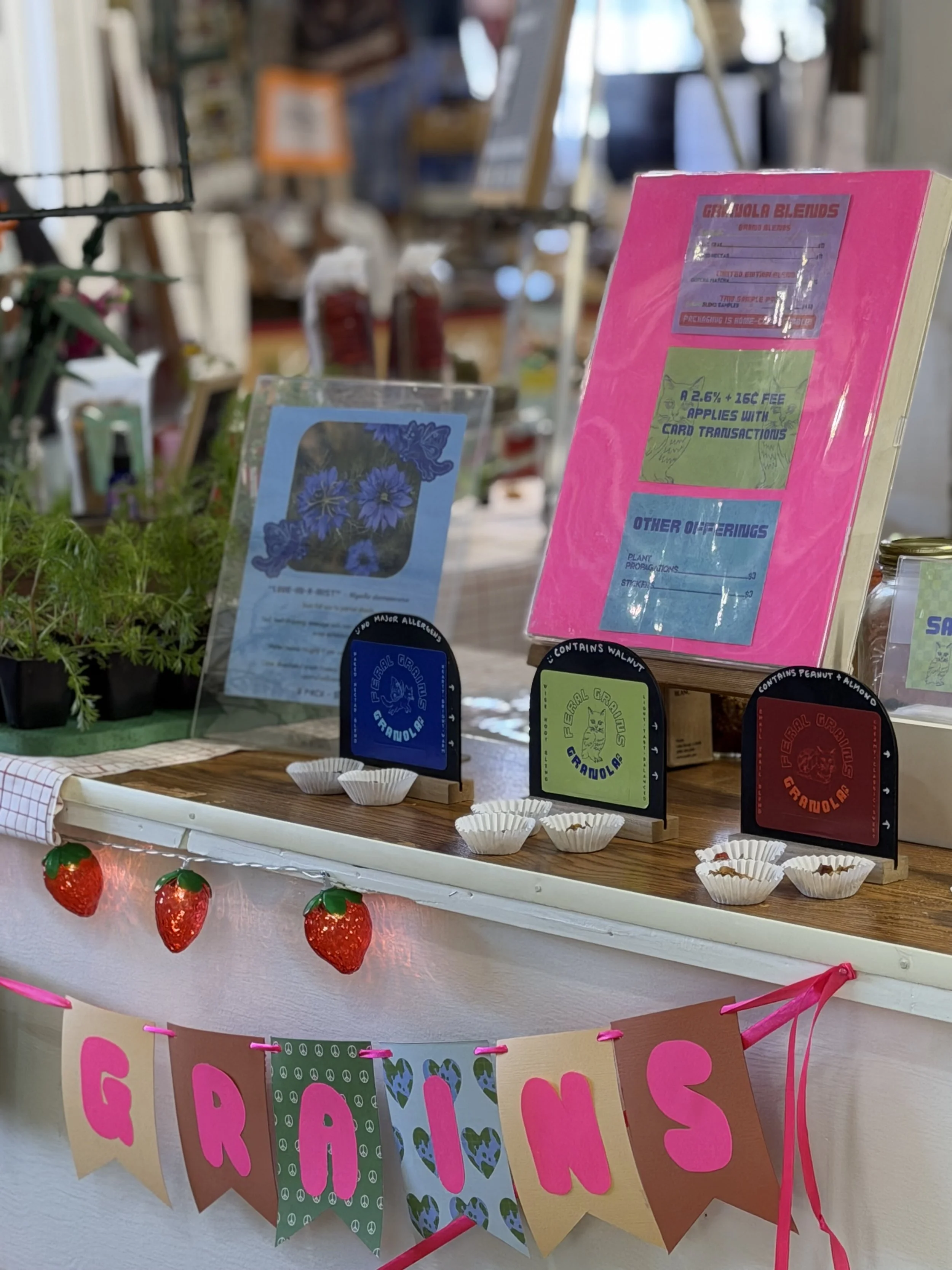 A display at a market or store with colorful signs and decorations, including strawberries hanging below and small filled cupcake papers. There are signs that say 'GRAINS' and 'GRANOLA' with descriptions and prices.