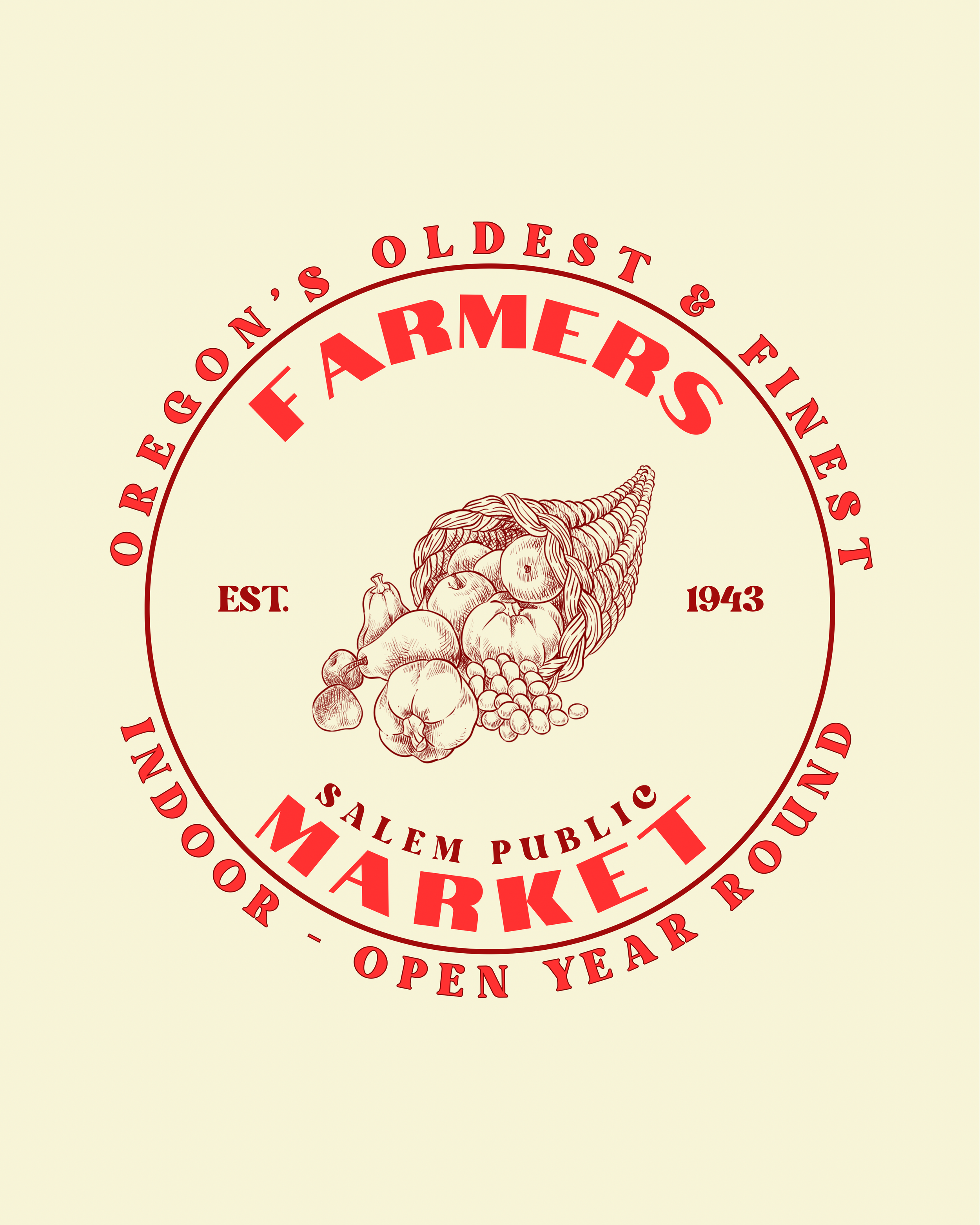 The Salem Public Market (a local farmer's market) logo, with an illustration of a basket of vegetables in the center. The text reads "OREGON'S OLDEST & FINEST" at the top,  and"OPEN YEAR ROUND" at the bottom.