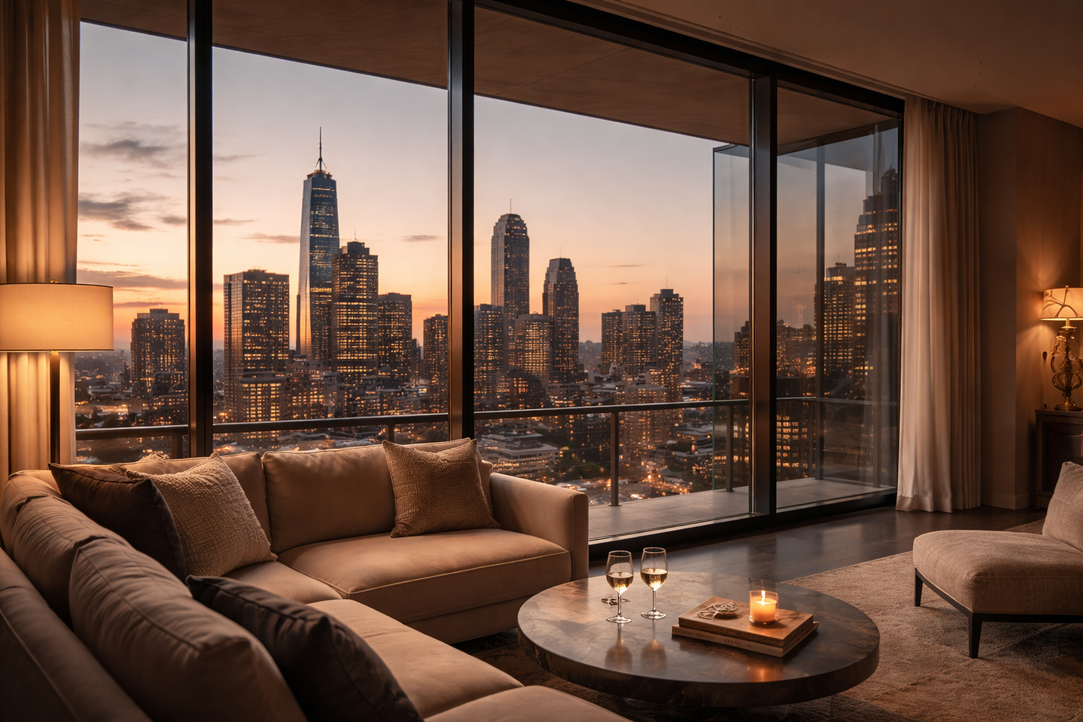 A luxurious living room with a beige sofa and throw pillows, a marble coffee table with wine glasses, a lit candle, and a city skyline view of tall buildings at sunset through floor-to-ceiling glass windows with curtains.