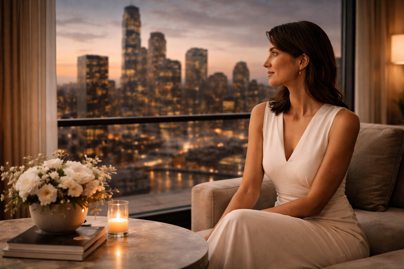 A woman in a white dress sitting on a sofa, looking out the window at a city skyline during sunset with tall buildings and a river below, a bouquet of white flowers, and a lit candle on the table in front of her.