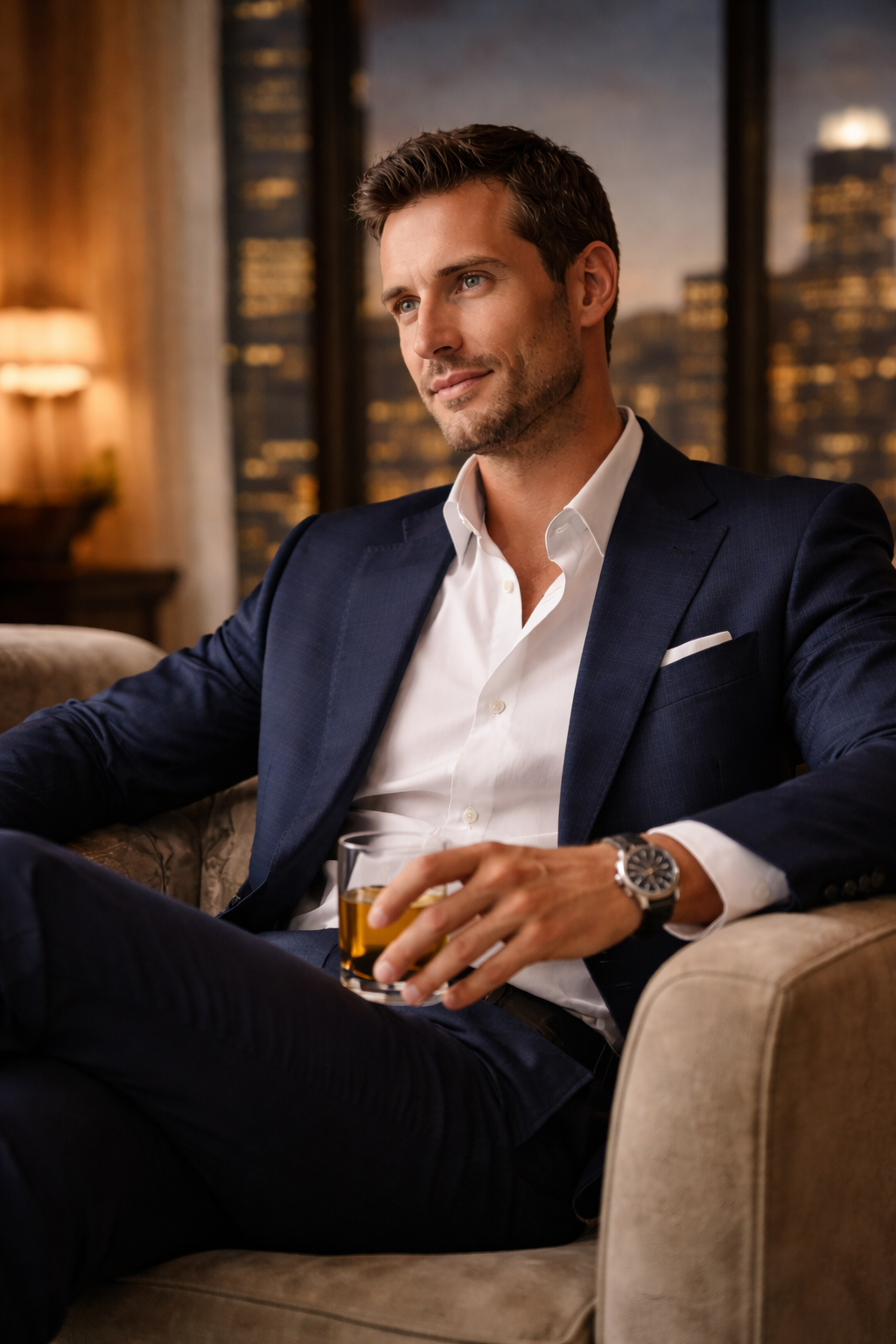 A man in a business suit sitting on a sofa with a glass of whiskey, smiling, in a room with cityscape view at night.