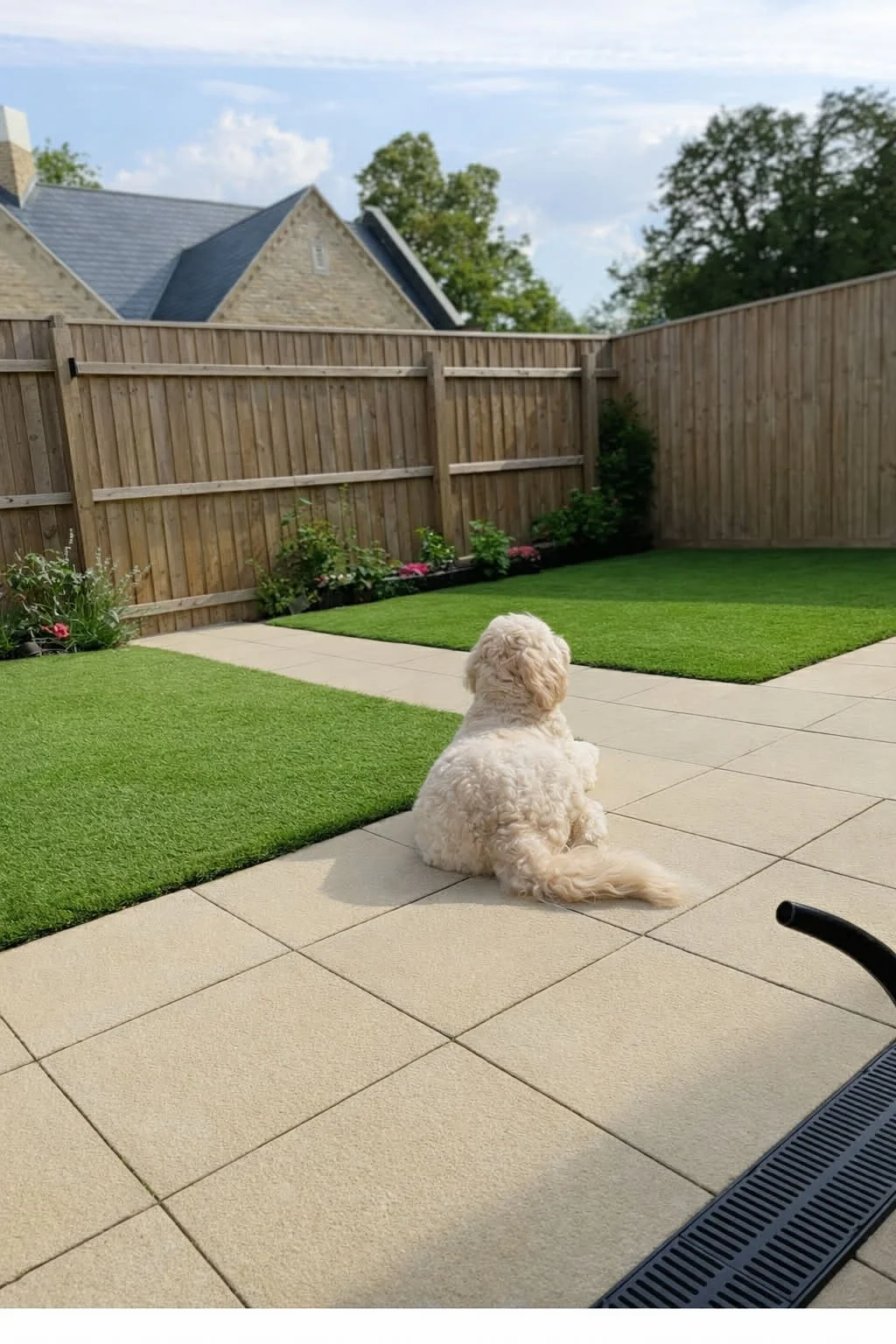 Photo of dog sitting on spotlessly clean and power washed and disinfected patio completed by We Scoop Ltd.