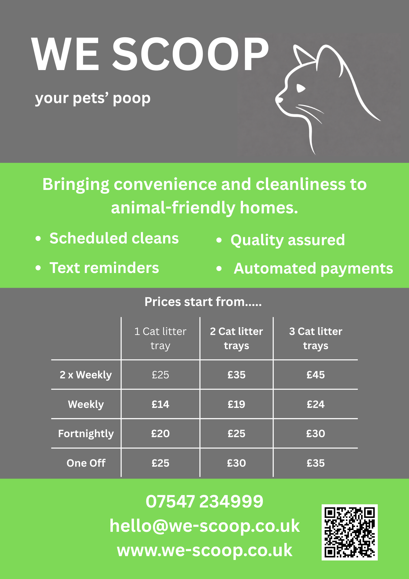 Flyer for pet poop cleaning service titled "We Scoop your pets' poop" with a simple outline of a cat's head in the upper right corner. Features services like scheduled cleans, text reminders, quality assured, and automated payments. Pricing table lists costs for different litter tray quantities and cleaning frequencies. Contact details including phone number, email, website, and a QR code at the bottom.