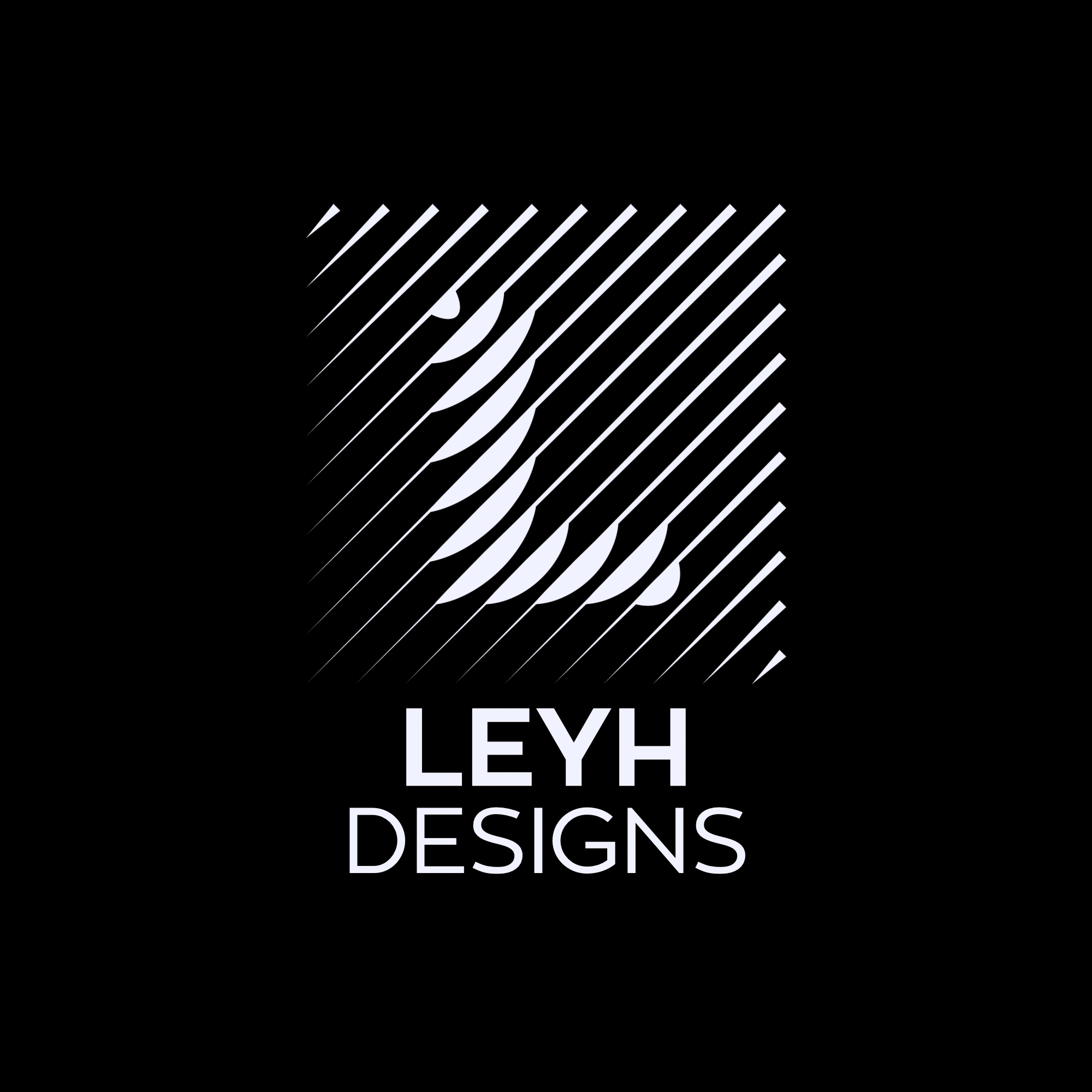 Black background with a white geometric logo featuring diagonal lines forming a tilted square and the text "LEYLH DESIGNS" below in uppercase and lowercase letters.