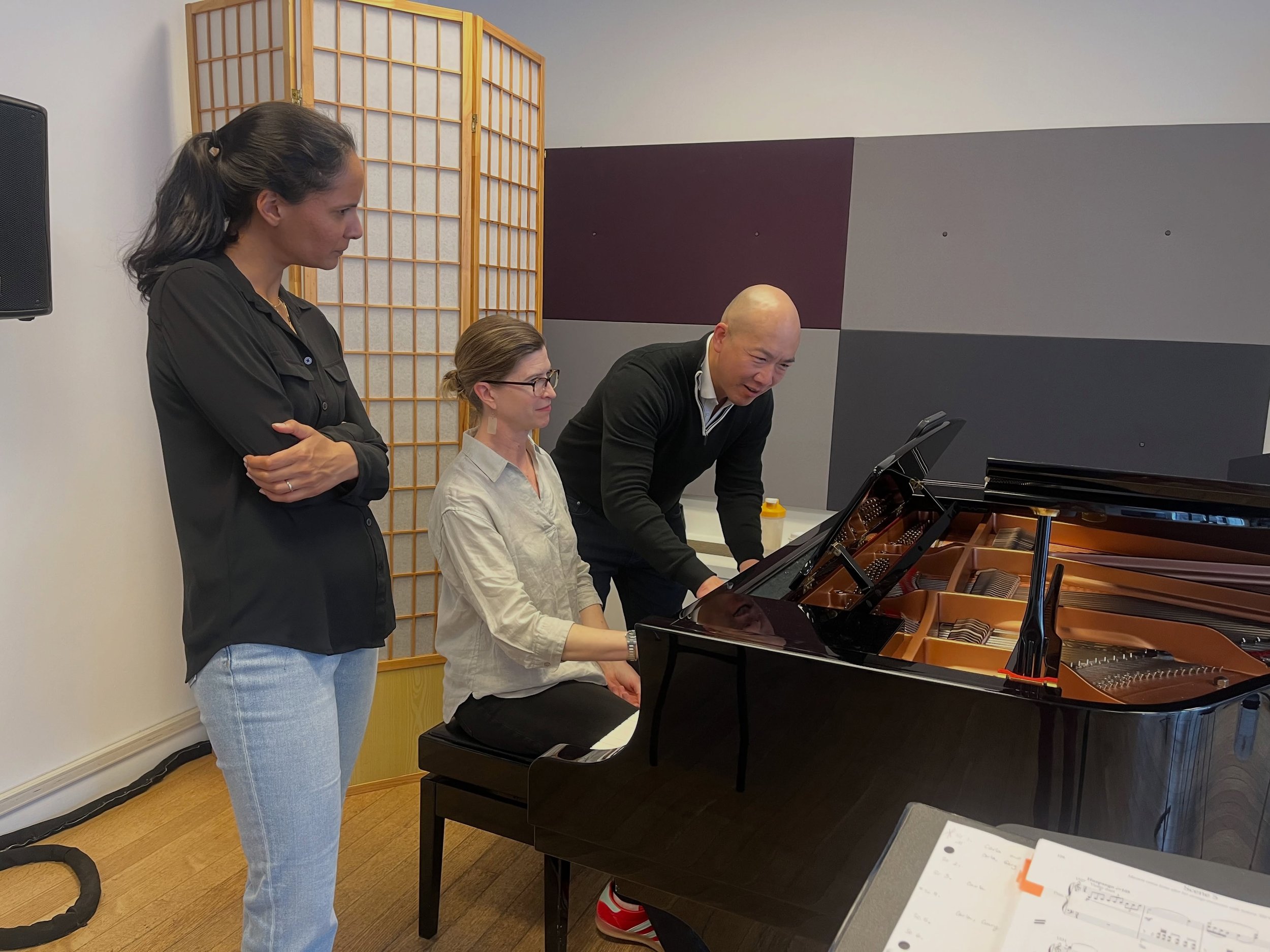 In piano heaven as @kuowiththeflow @kamnesiac and @kirsten_theconfidentdancer take turns looking at my opera score, debating how to play it. Ofrenda with libretto by @jnddirect and myself will be performed in a piano vocal workshop this Saturday at 3