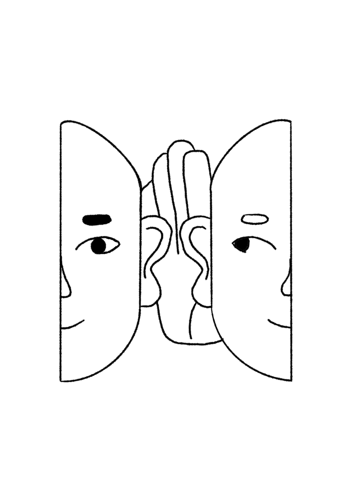 A black and white line drawing of a butterfly with two human faces on each wing, two eyes near the top of each wing, and a nose in the center.