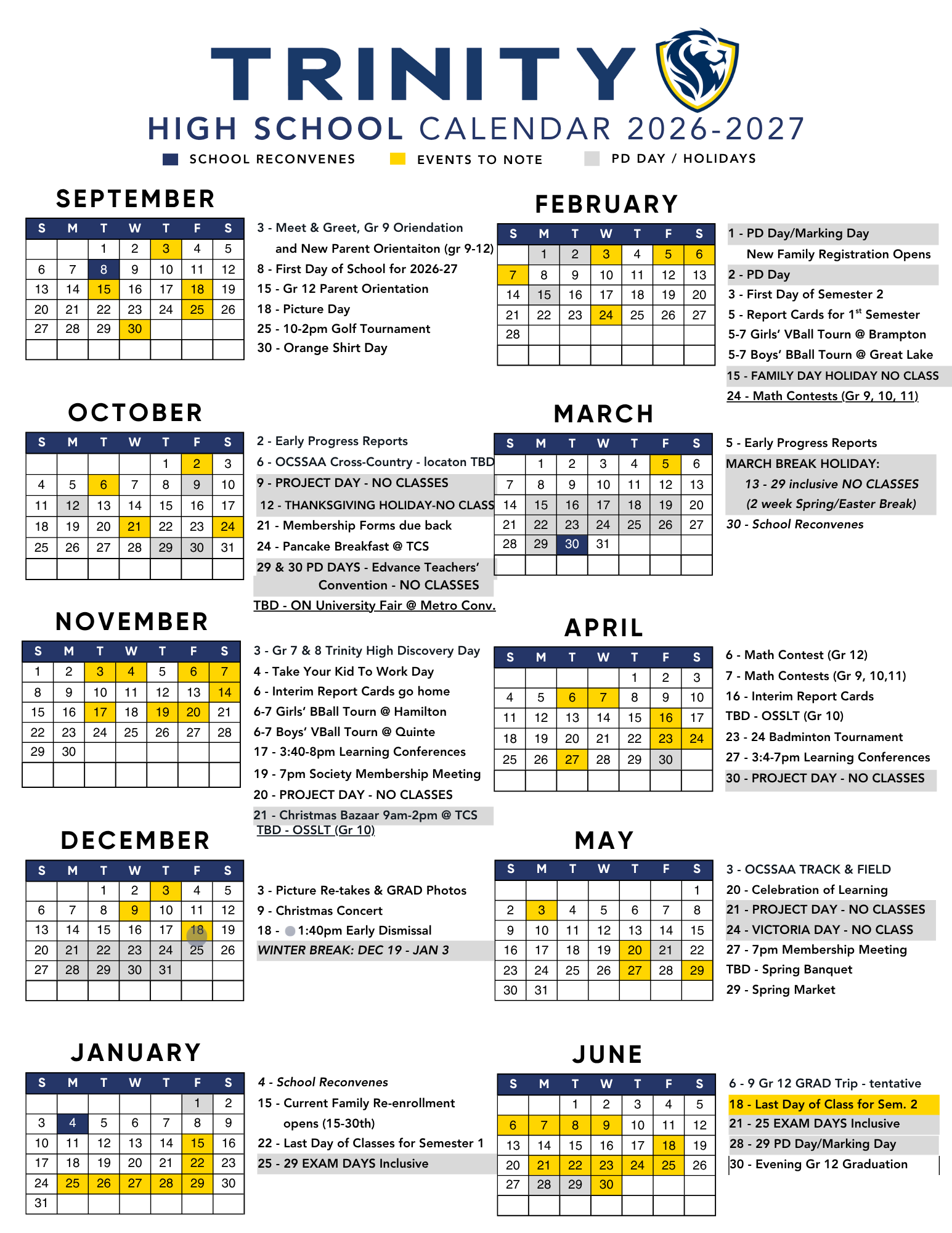 Trinity Christian School Full year High School Calendar
