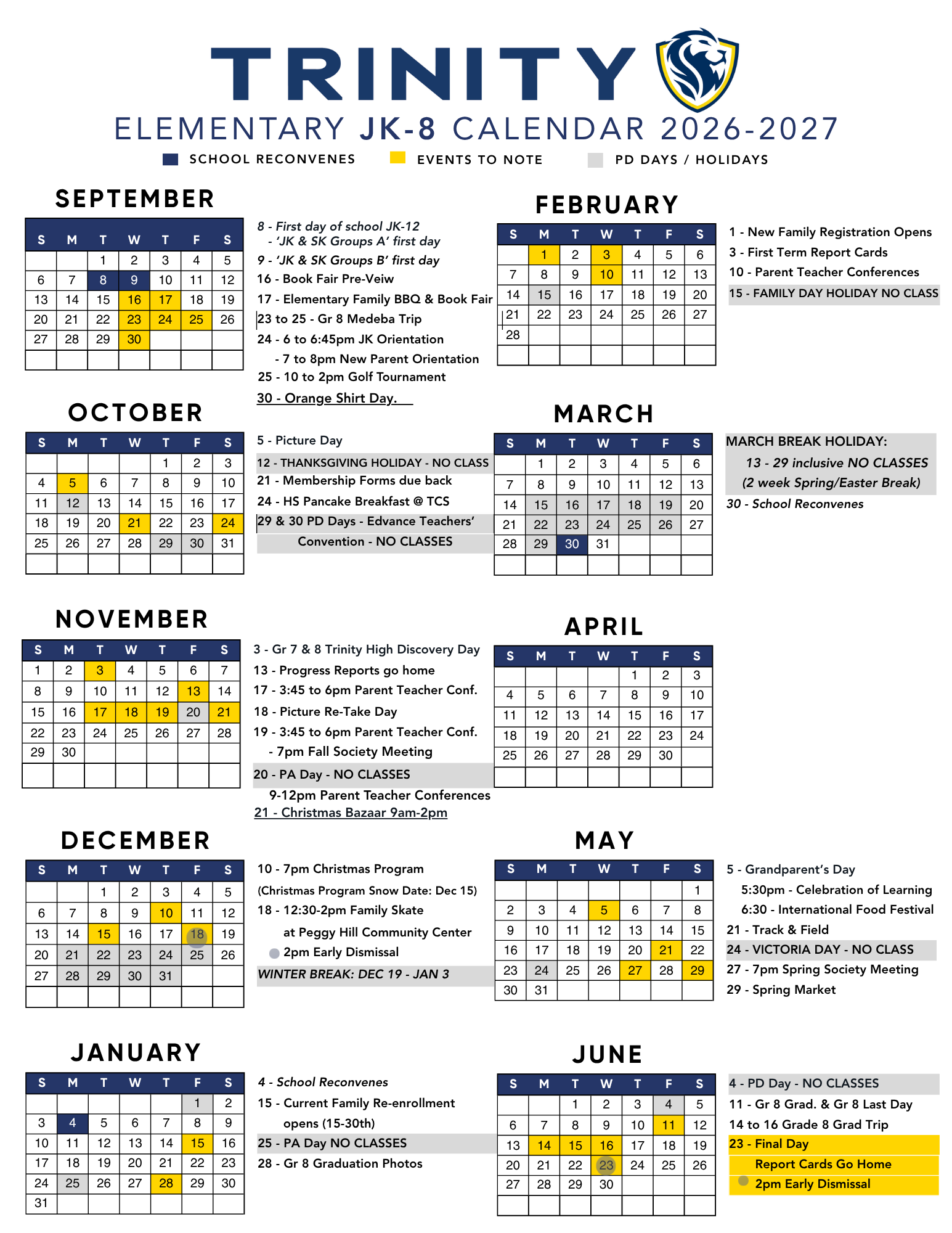Trinity Christian School Full year Elementary School Calendar