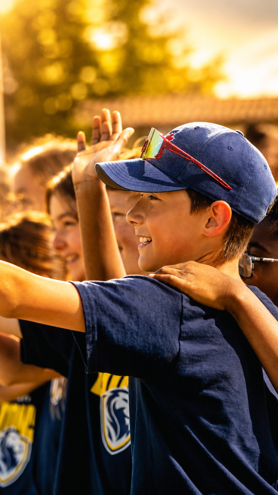 A group of smiling children outdoors at sunset, wearing dark shirts with a logo, some raising their hands in a high-five gesture. The main focus is on a boy in a blue cap with sunglasses on top.