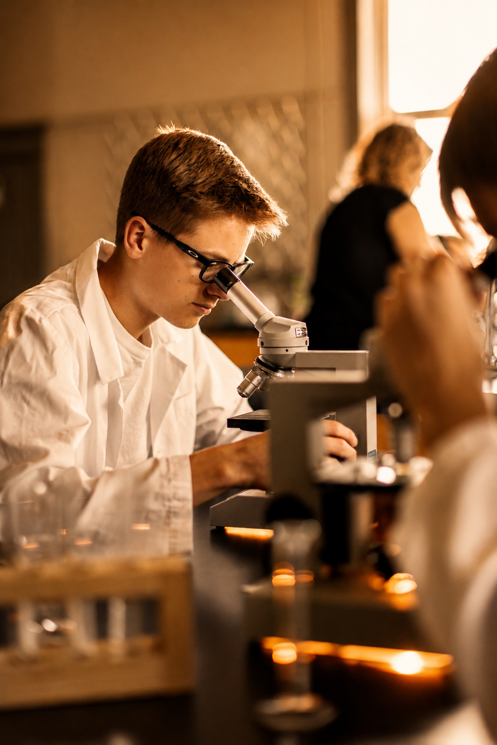 A young man in glasses and a white lab coat looking into a microscope in a laboratory setting.