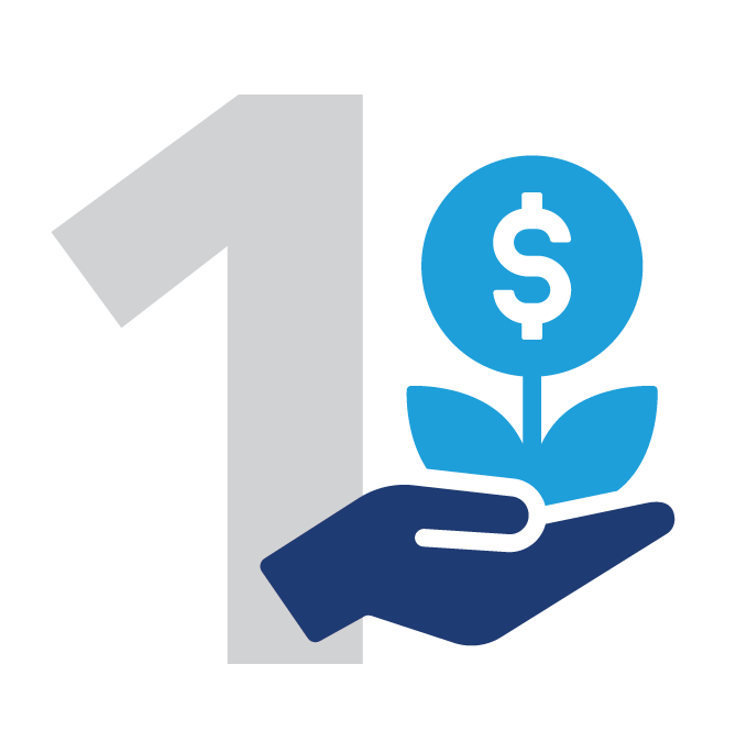 A large gray number one, a dark blue hand holding a plant with a dollar sign on its circular flower, symbolizing financial growth or investment.