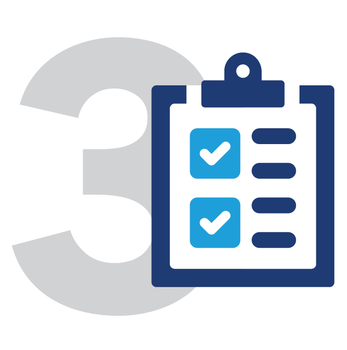Number three with a clipboard showing two checkmarks for a list of completed tasks.