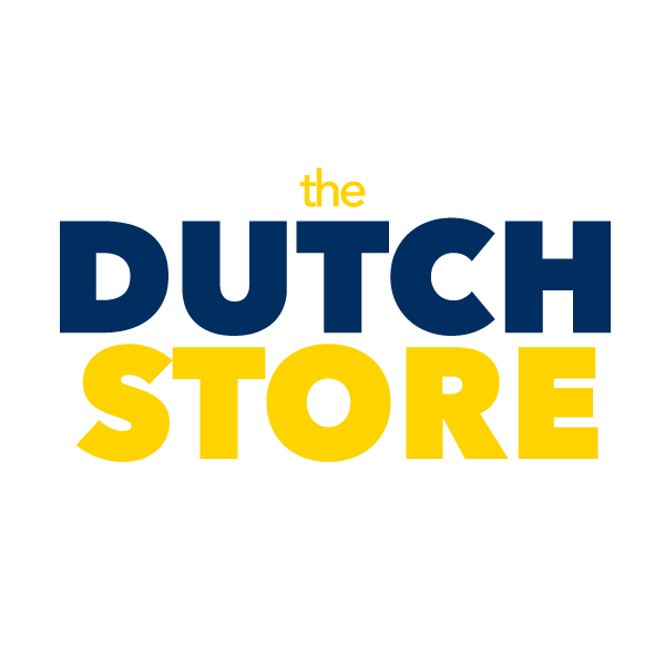 Logo with the text 'the DUTCH STORE' in yellow and blue on a black background.
