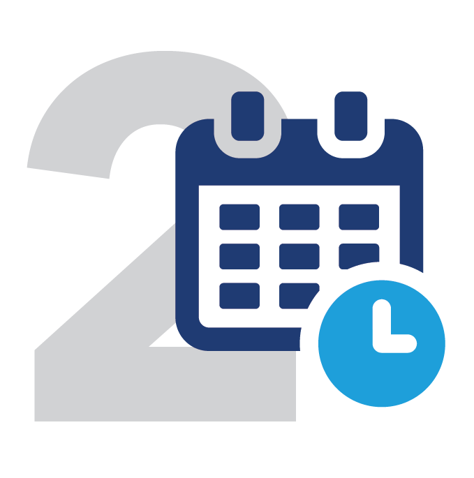 Illustration of a calendar, clock, and the number 2, representing a date or schedule.