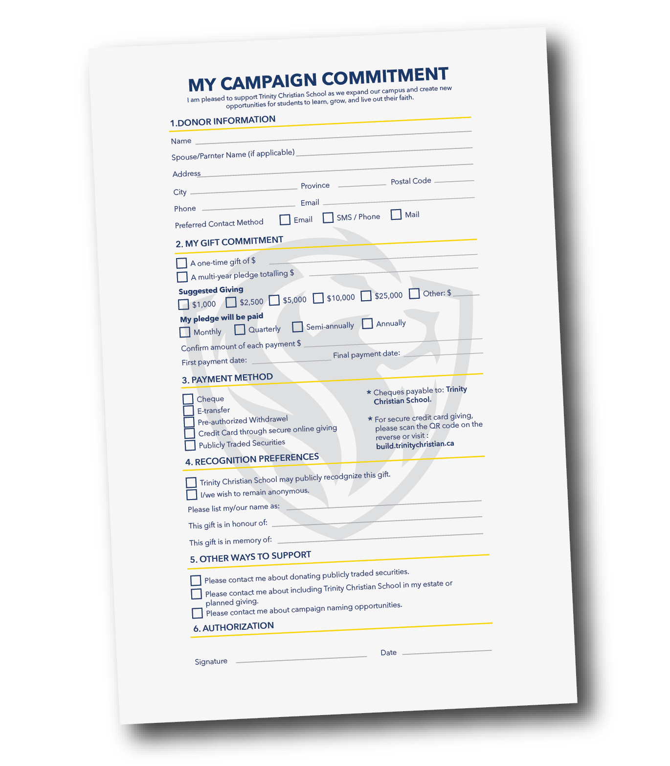 A donation and pledge form titled 'My Campaign Commitment' for Trinity Christian School, with sections for donor information, gift commitment, payment method, recognition preferences, supporting options, and authorization, with a faint Christian cross watermark in the background.